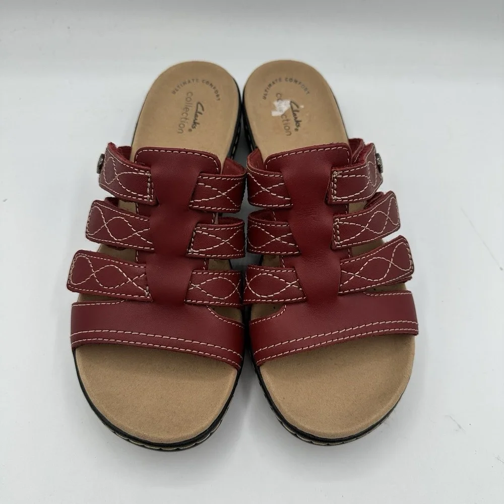 Clarks Sandals Womens Sz‎ 7 W Red Leather 4 Strap Strappy Slip On Slides - Picture 5 of 11